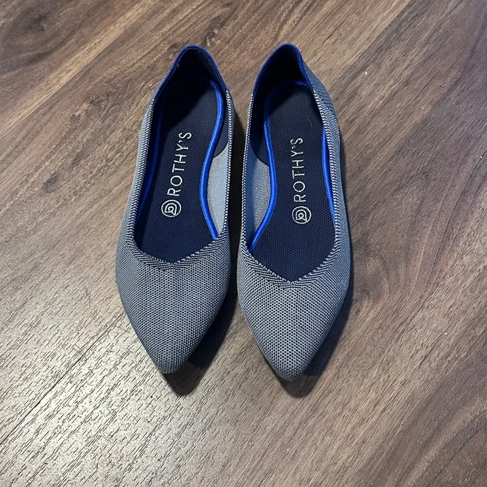 Rothy's Pointed Toe Flats in Gray with Blue Trim
